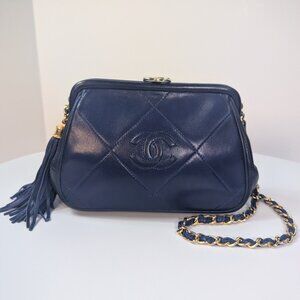 Chanel Vintage Blue Quilted Lambskin Kisslock Tassel Clutch